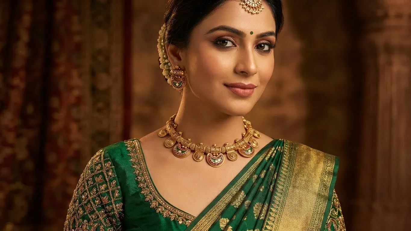 Model wearing a MahiElegance green silk saree with a gold necklace, earrings and a maang tikka