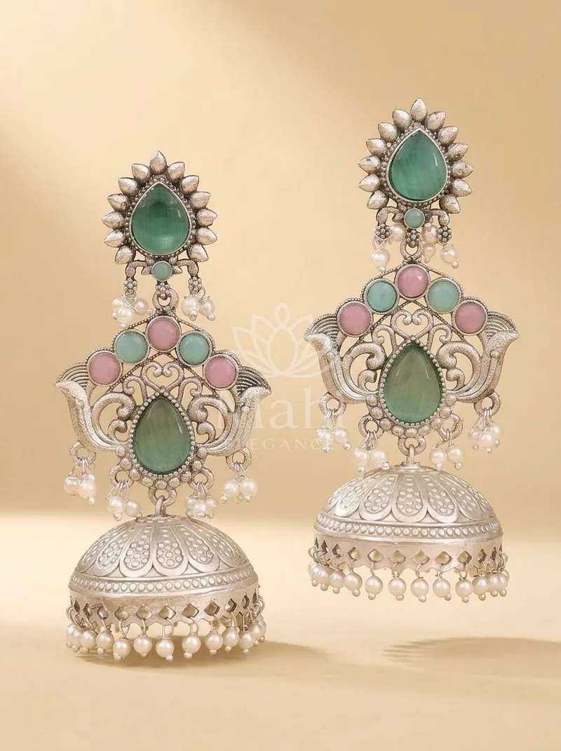 Multicolour Stone Domed Jhumkas — Earring
