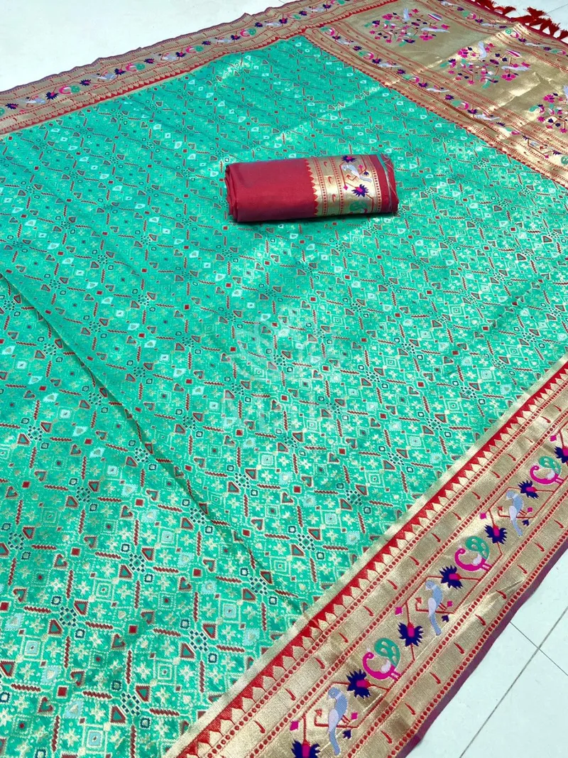 Sea Green Patola Silk Saree, Zari Weave — Patola