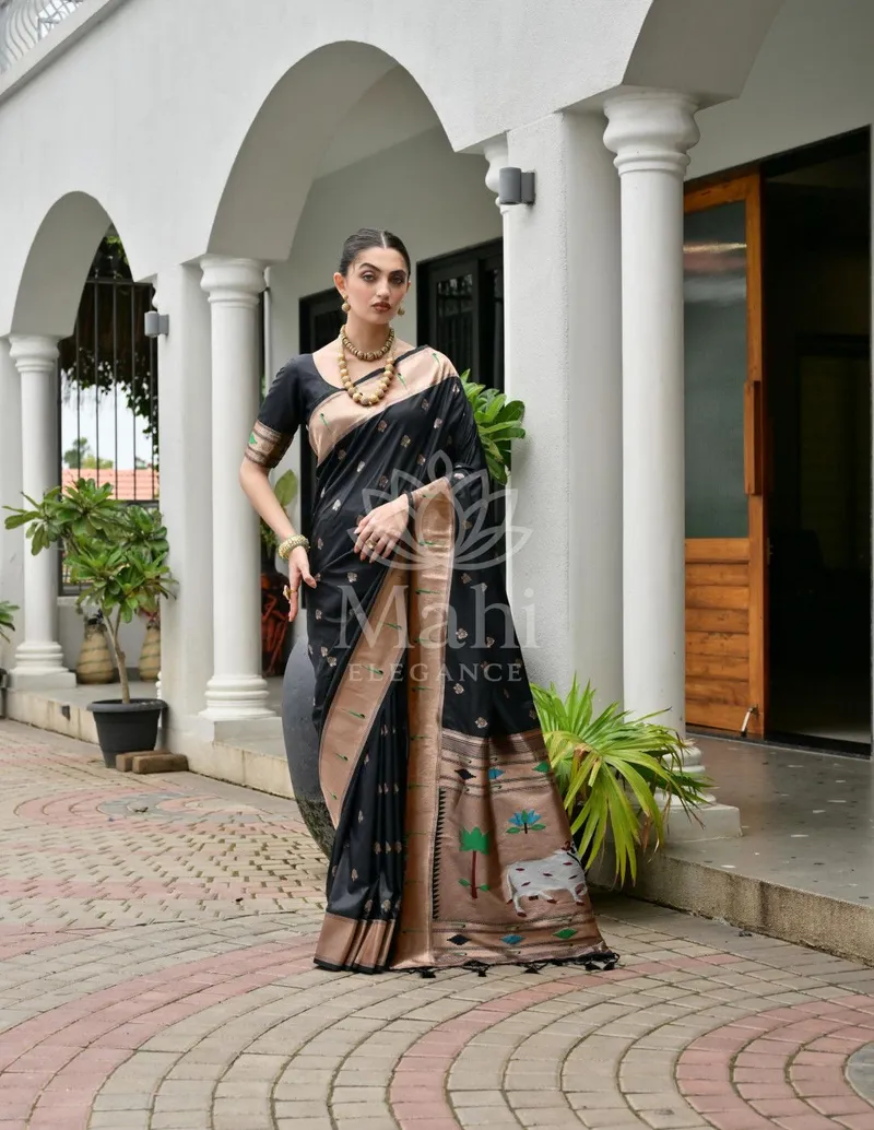 Black Paithani Silk Saree, Pichwai Weave with Zari Pallu — Paithani