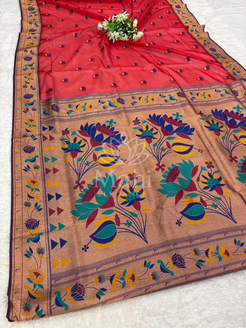 Red Organza Silk Saree, Zari Weave — Organza