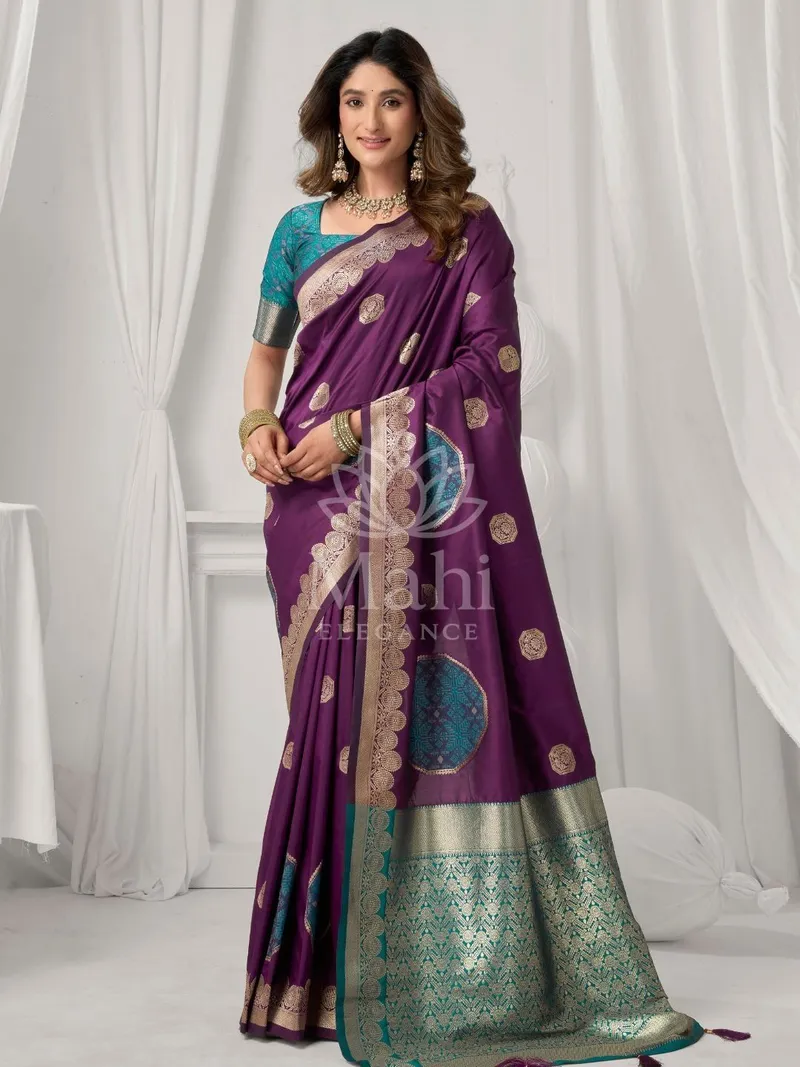 Purple Banarasi Silk Saree, Zari Pumpum Weave — Banarasi