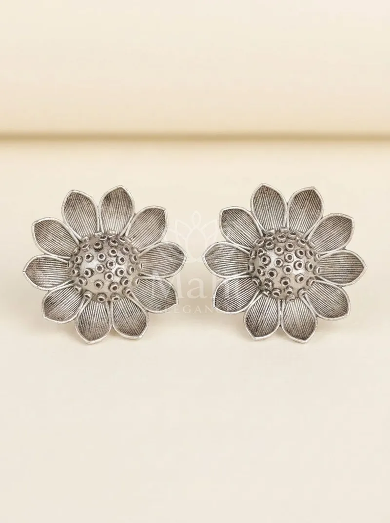 Oxidised Sunflower Petal Studs — Brass Earring