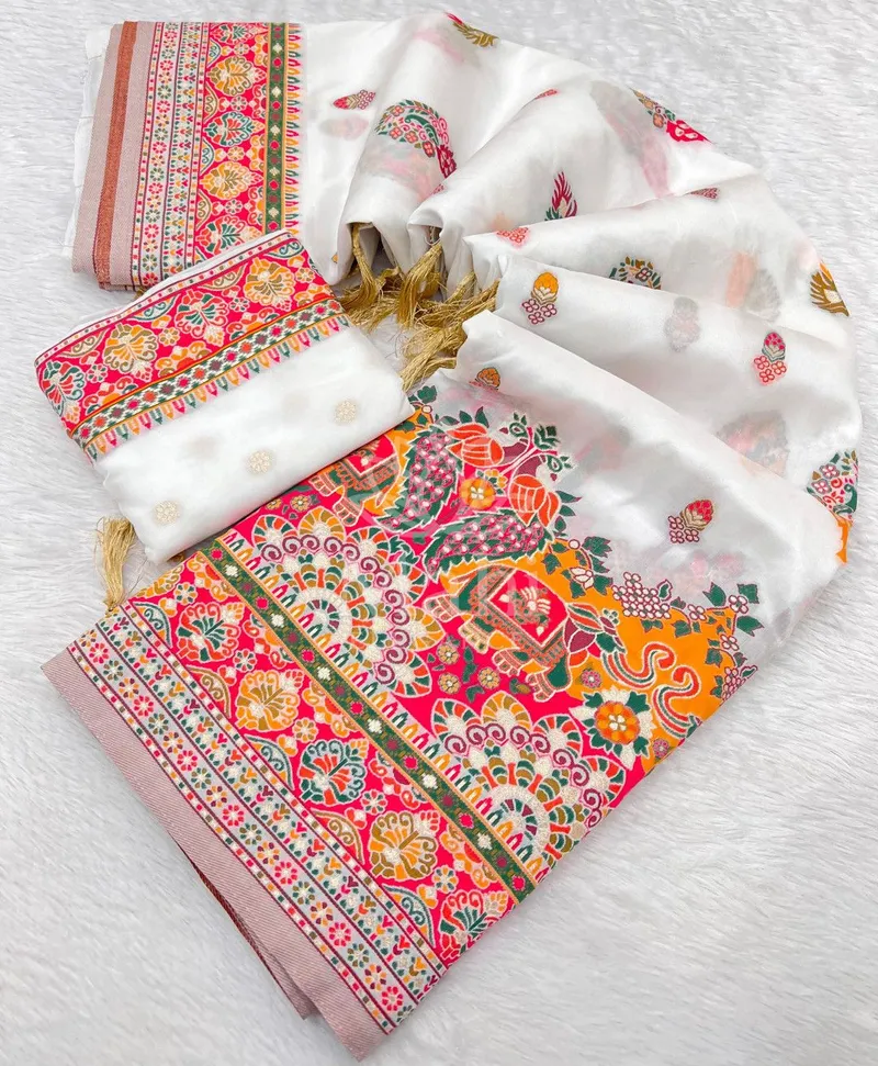 White Pashmina Silk Saree, Rajwadi Weave & Lagdi Patta Pallu — Pashmina