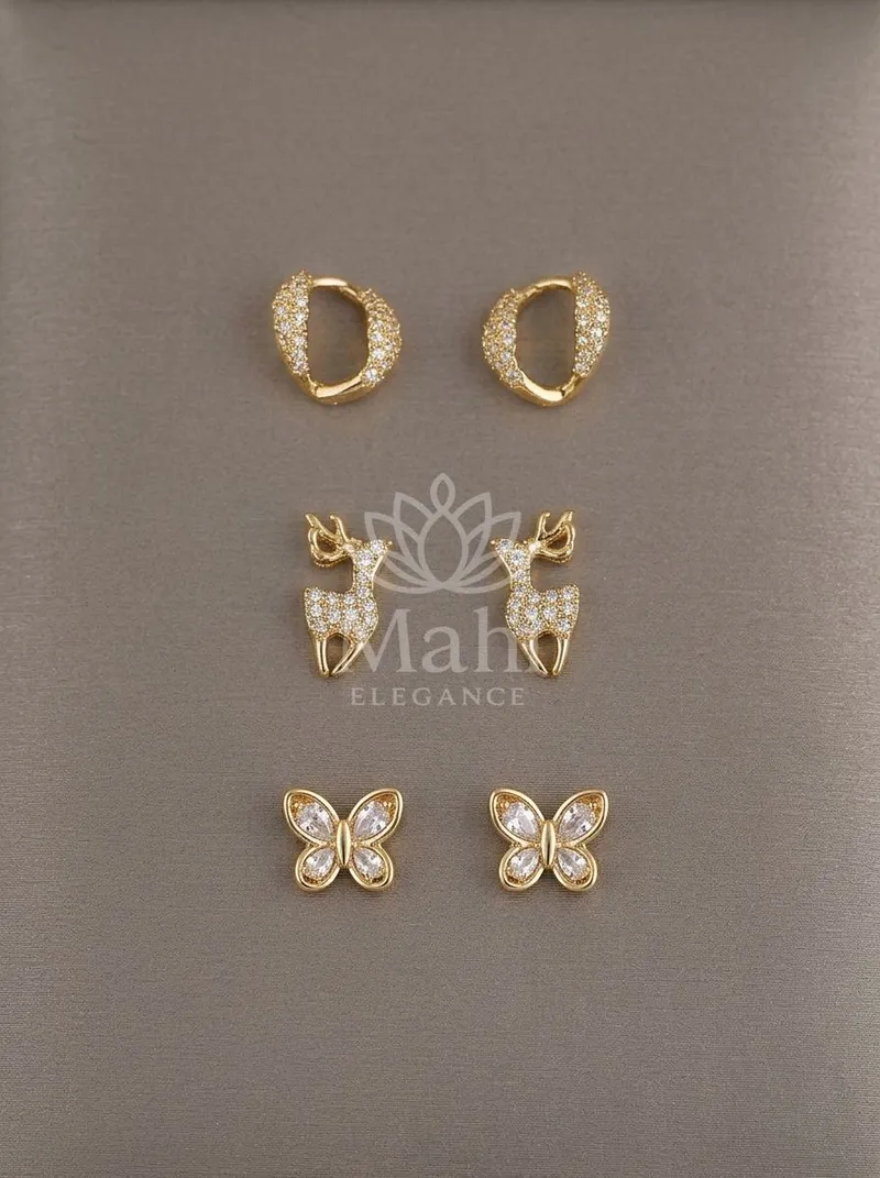 Deer Butterfly Huggie Studs Set — Copper Alloy Earring