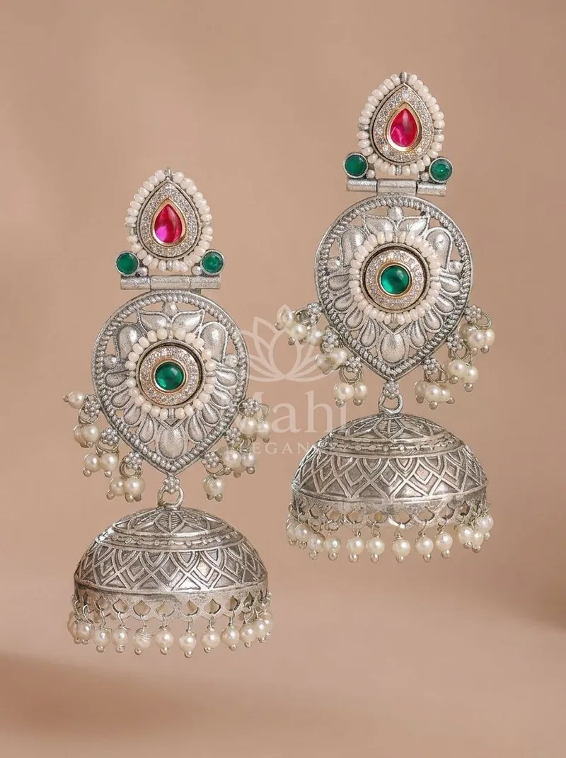 Oxidised Silver Pearl Jhumkas — Brass Earring