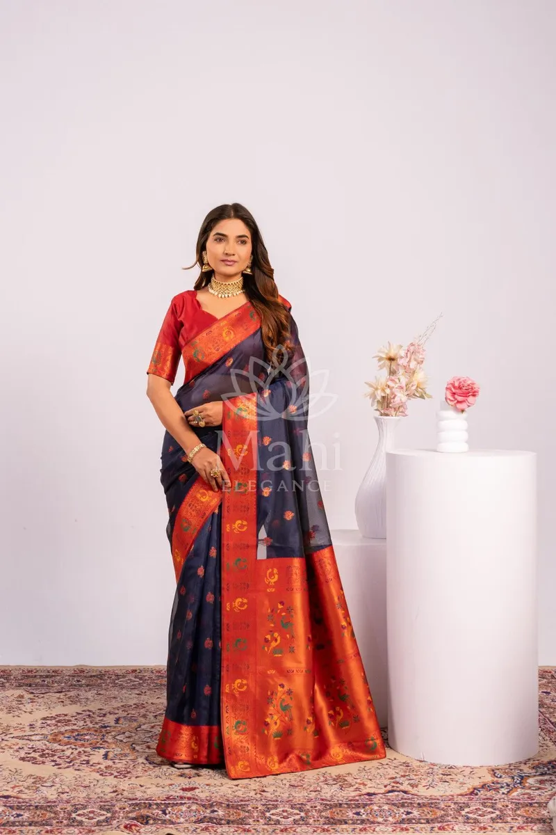 Blue Paithani Tissue Silk Saree, Zari Weave — Paithani