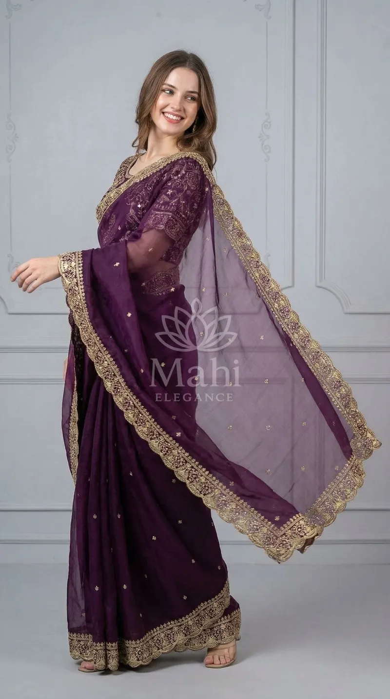 Magenta Organza Silk Saree, Embroidery & Butta Work — Organza