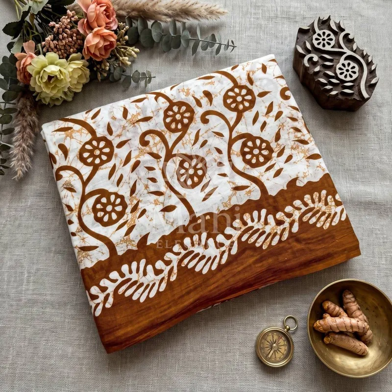 Brown Cotton Saree, Batik Print — Cotton