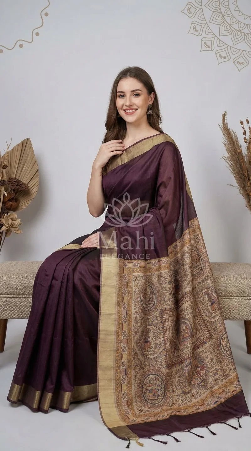 Wine Khadi Raw Silk Saree, Madhubani Print — Raw Silk