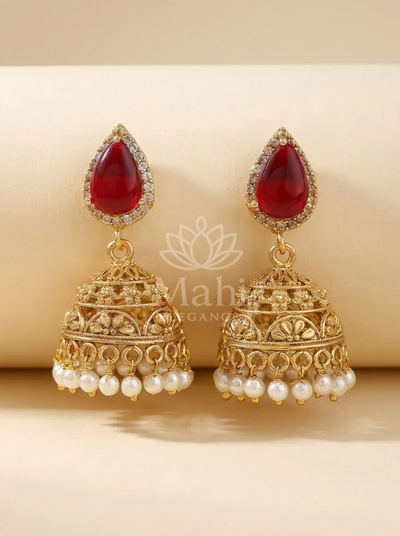Floral Dome Pearl Jhumkas — Brass Earring