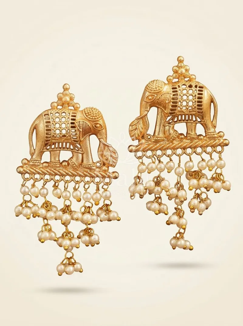 Elephant Motif Pearl Cascade Danglers — Brass Earring