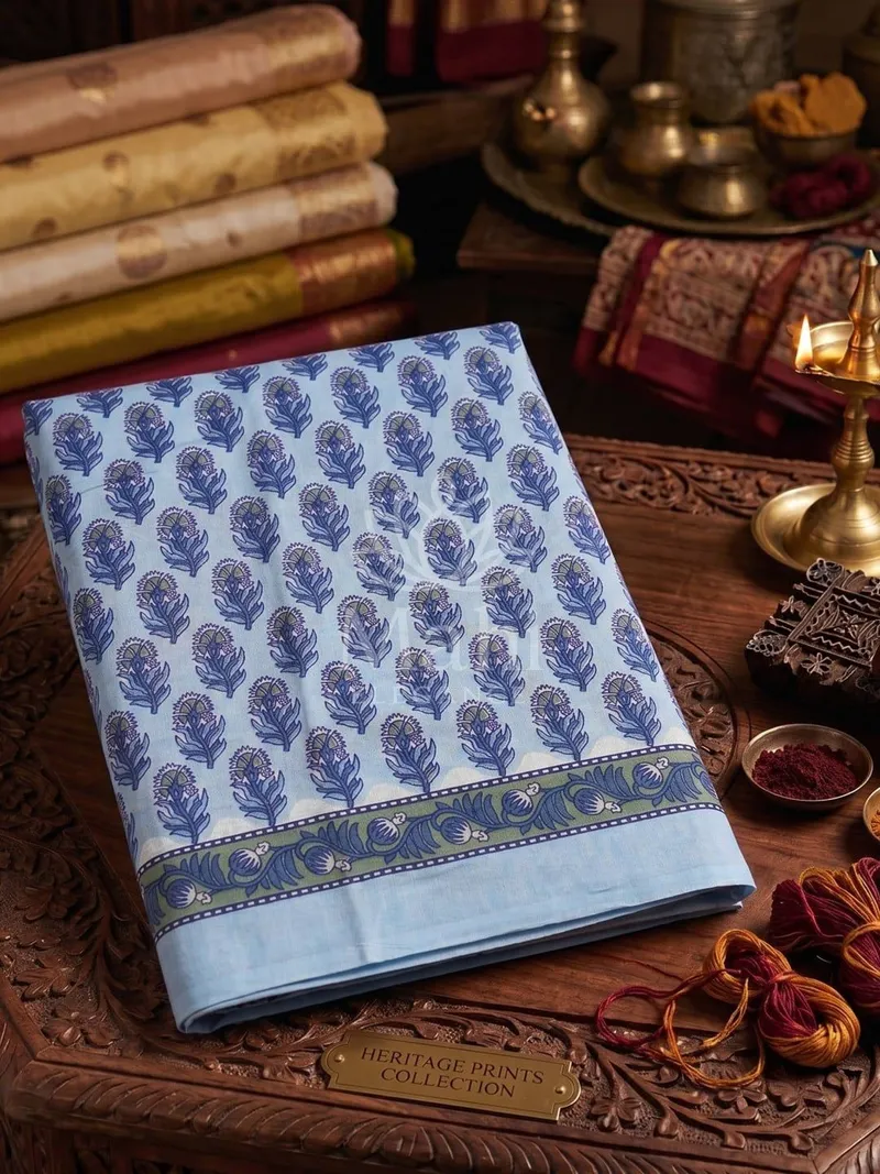 White Cotton Saree, Floral Hand Block Print — Cotton