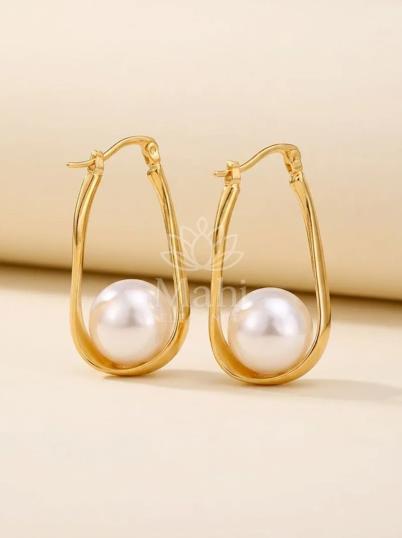 Pearl Drop Oval Hoops — Copper Alloy Earring