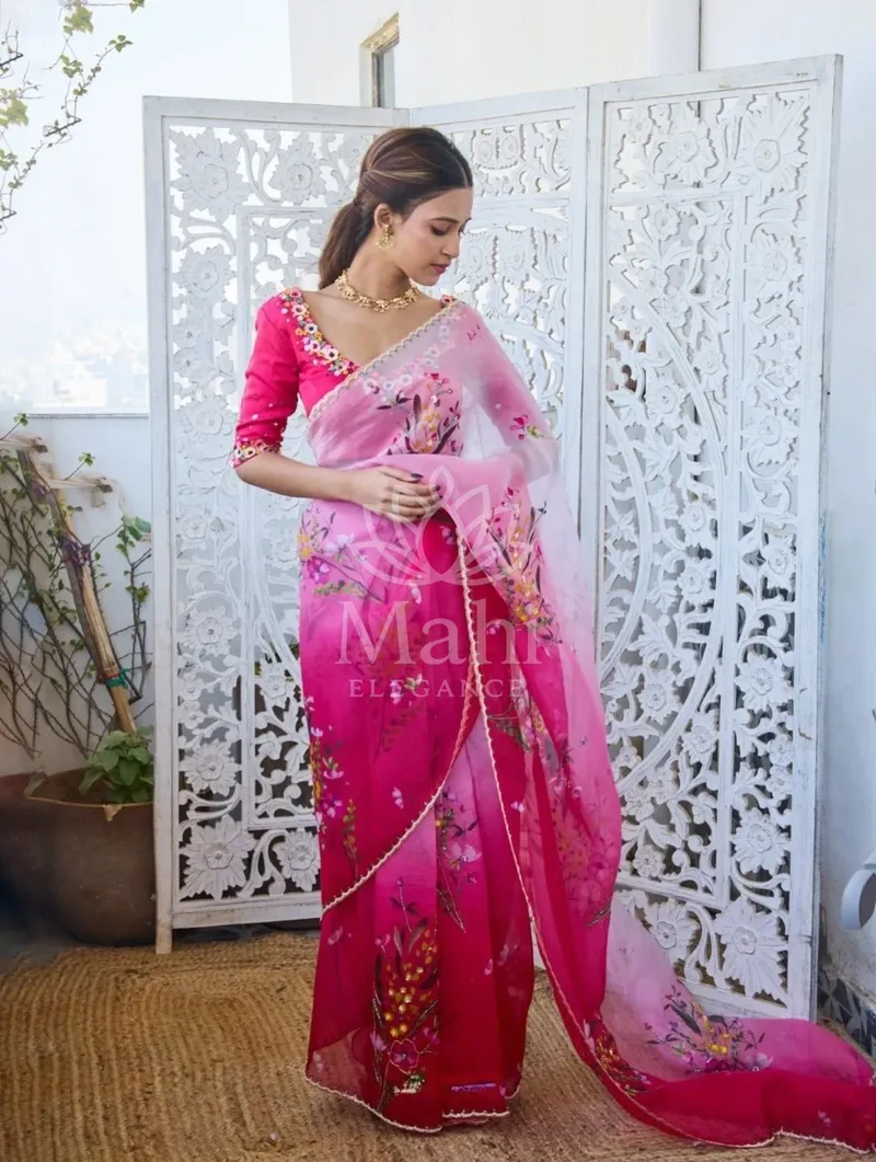 Pink Organza Saree, Beads & Katdana Handwork — Organza