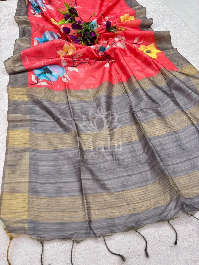 Red Tussar Silk Saree, Digital Print & Zari Weave — Tussar