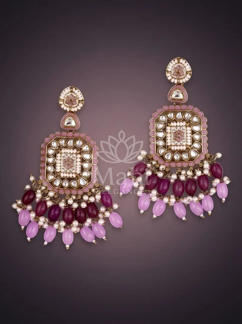 Octagon Kundan Bead Fringe Danglers — Alloy Earring