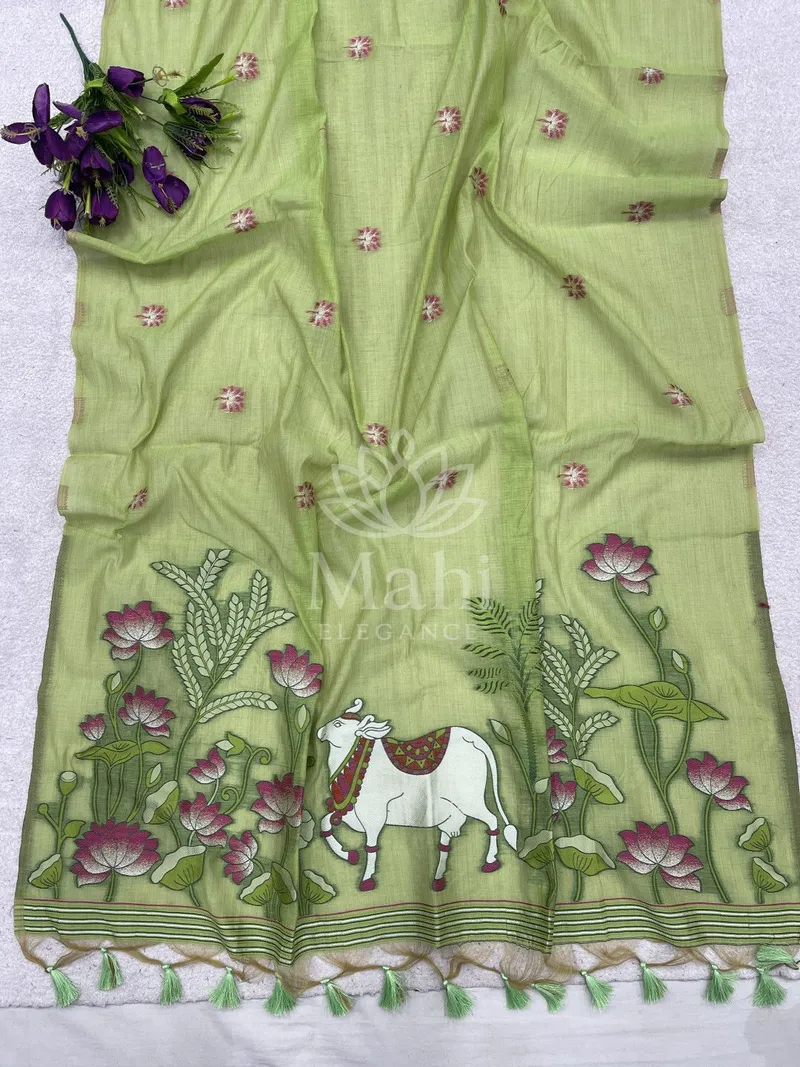 Mahi Parrot Green Muga Cotton Saree, Pichwai Weave — Muga-Cotton