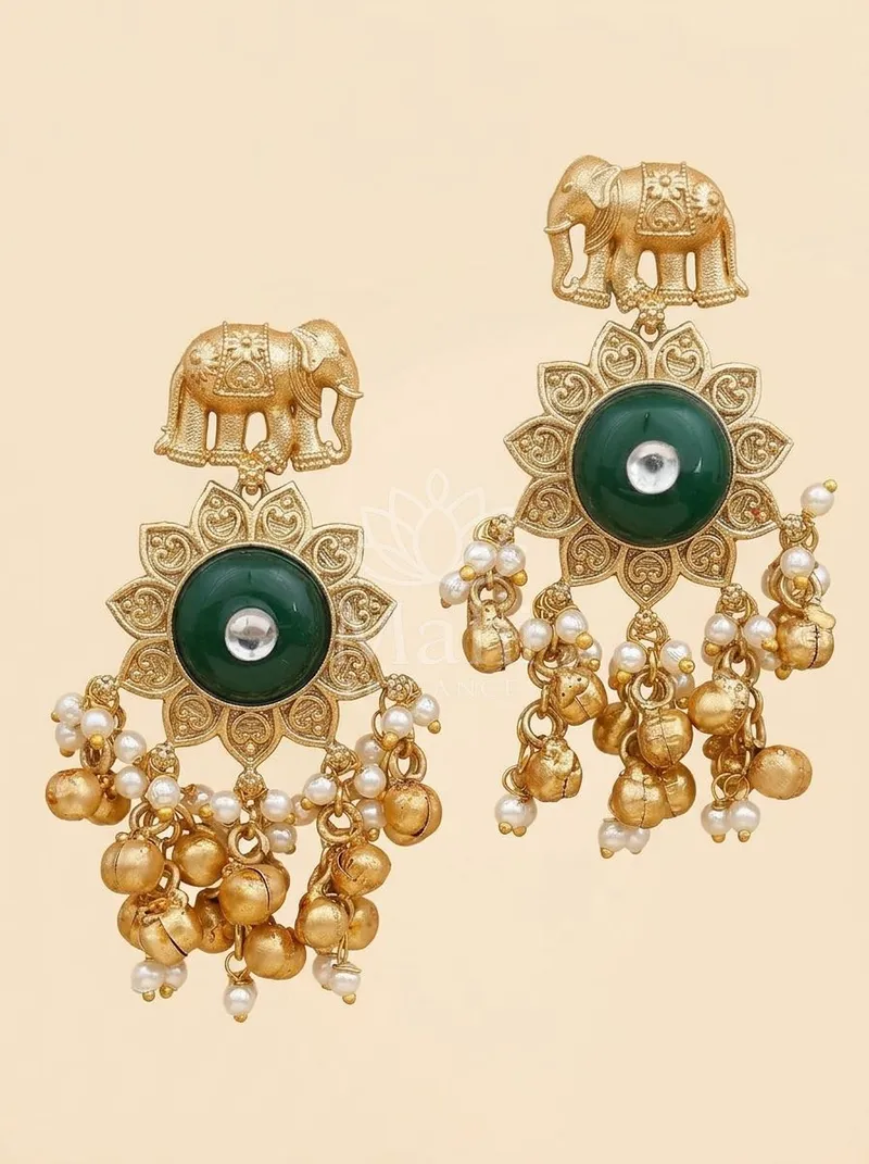 Elephant Motif Floral Danglers — Brass Earring