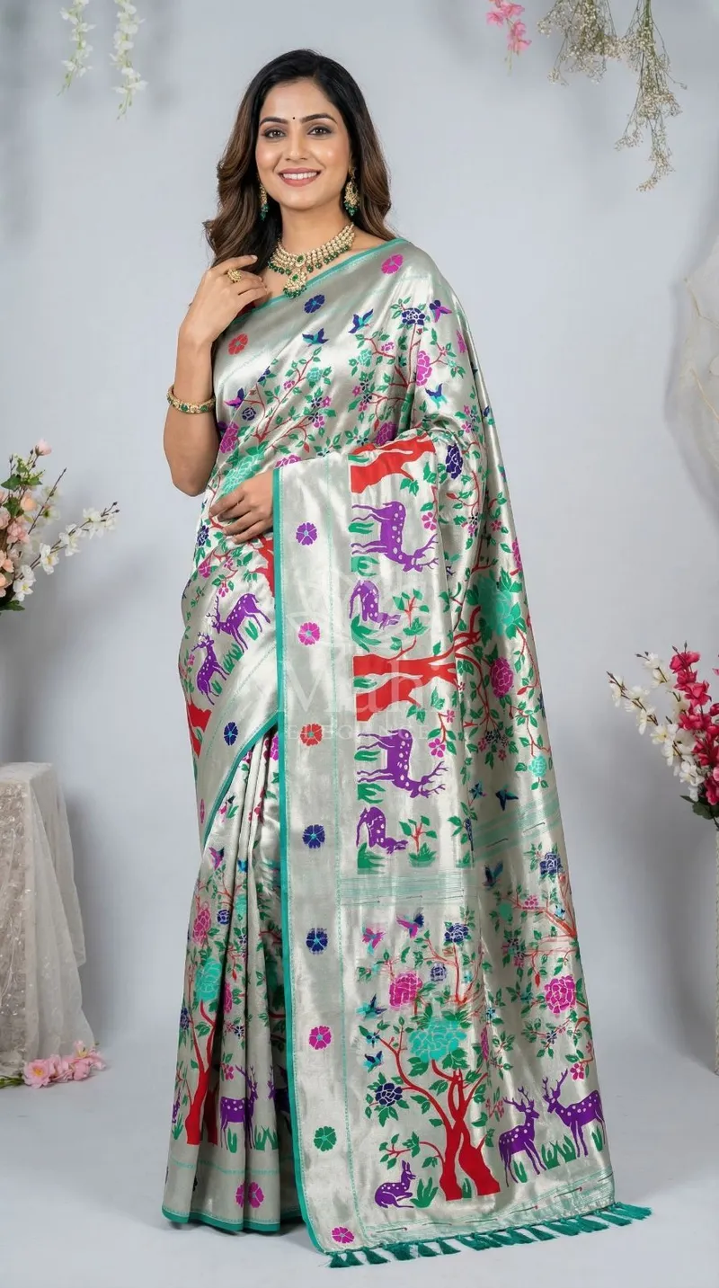 Sea Green Kanchipuram Silk Saree, Zari Weave — Kanchipuram