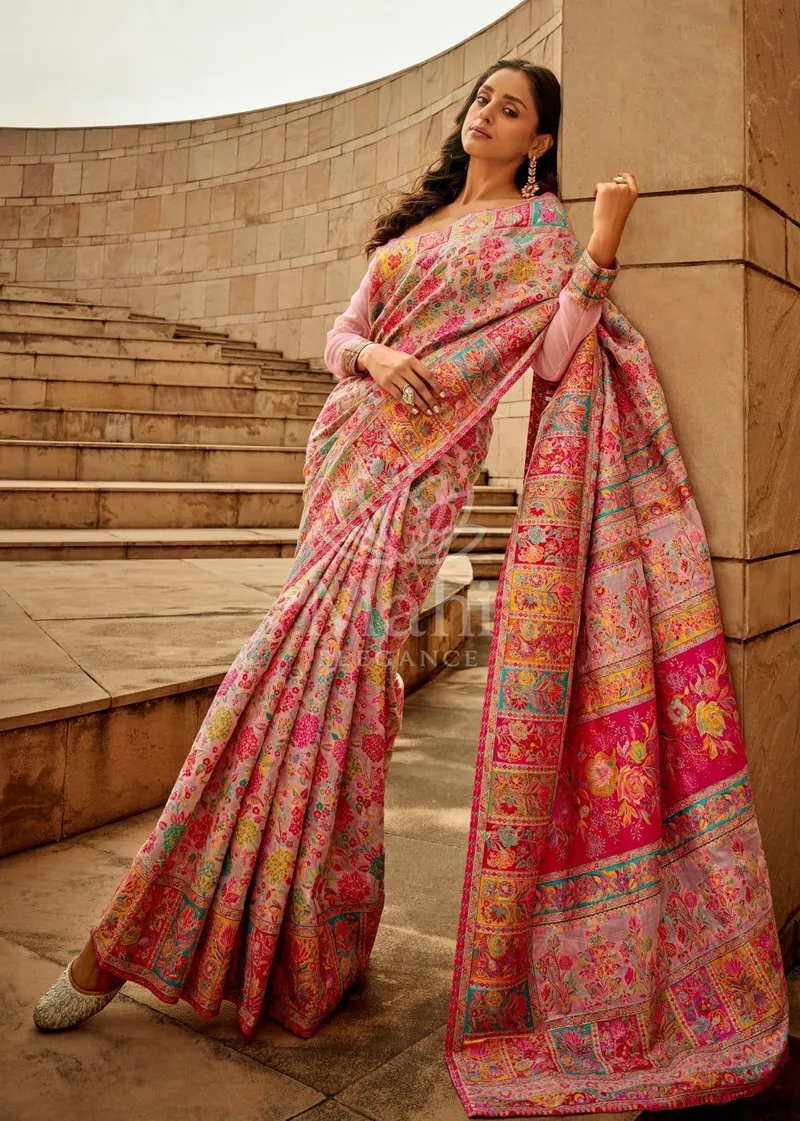 Pink Pashmina Cotton Saree, Woven Design — Pashmina