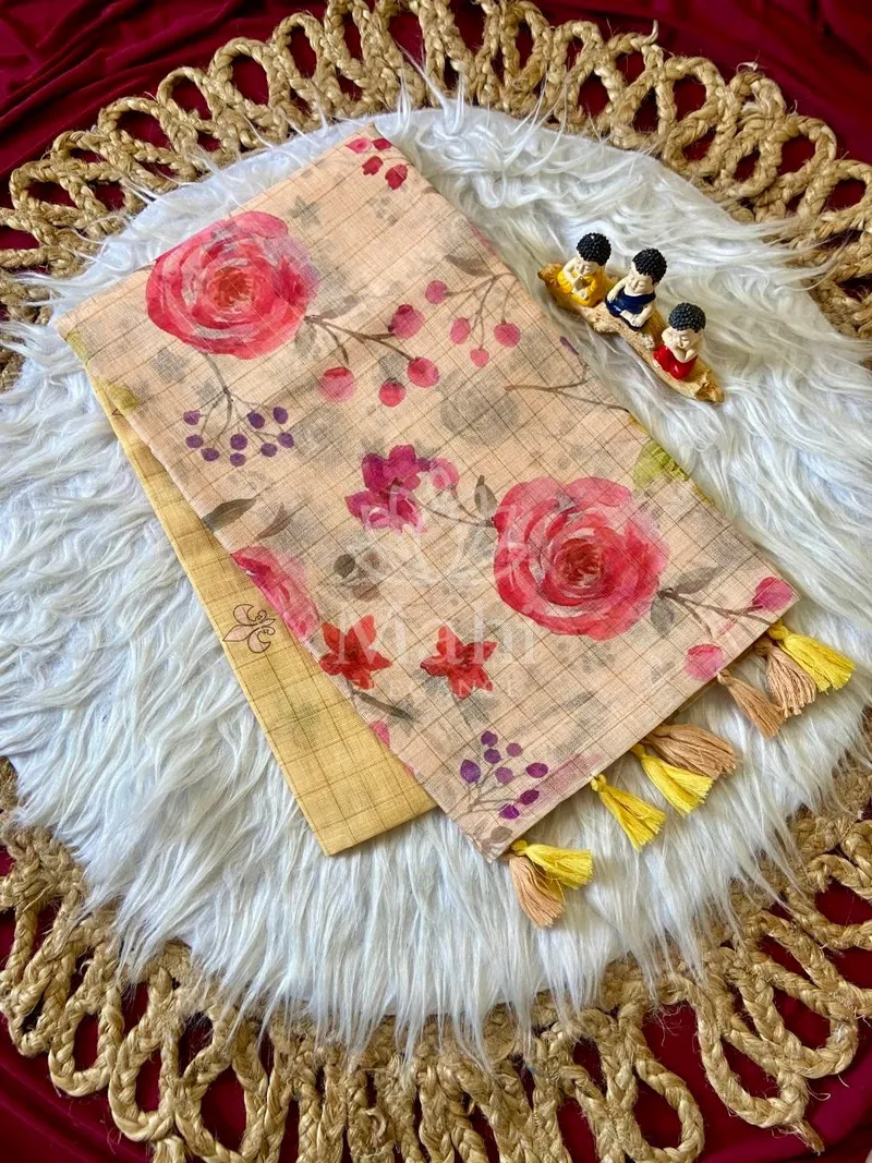Yellow Linen Cotton Saree, Floral Print — Cotton