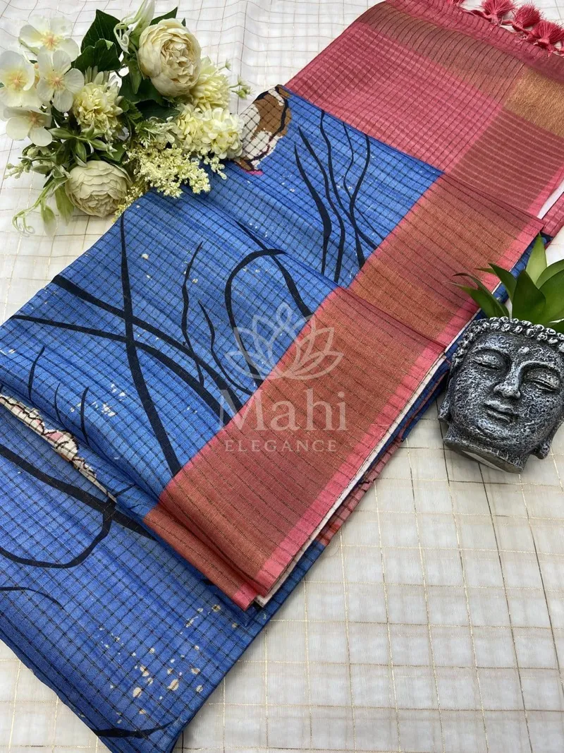 Blue Tussar Silk Saree, Digital Print & Checks — Tussar