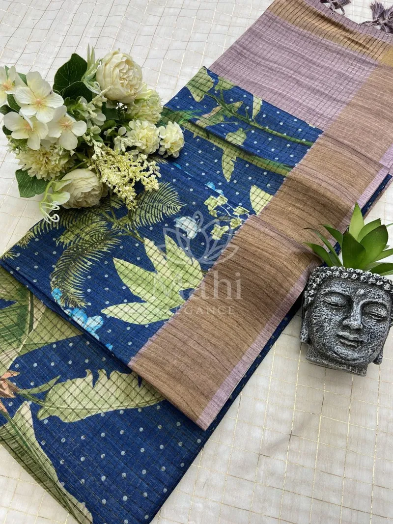 Navy Blue Tussar Silk Saree, Digital Print — Tussar