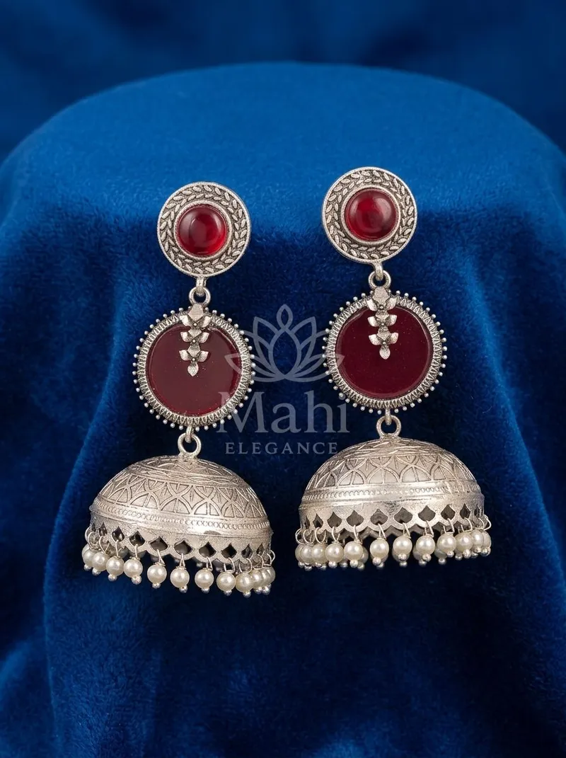 Nidhi Oxidised Stone Pearl Jhumkas — Brass Earring