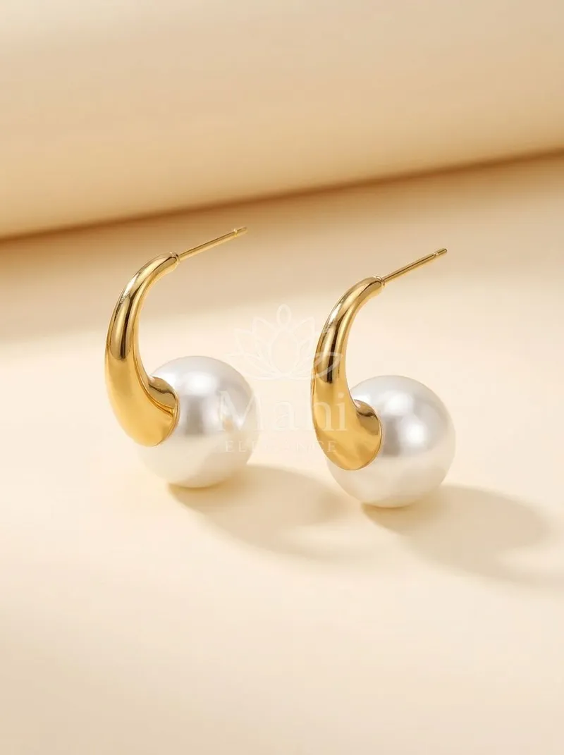 Curved Pearl Drop Studs — Copper Alloy Earring