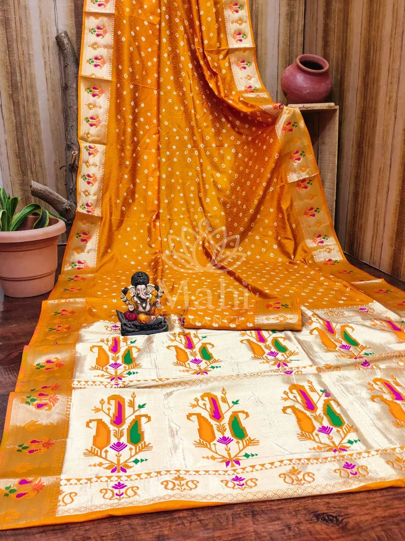 Orange Paithani Bandhej Silk Saree, Zari Weave — Bandhani
