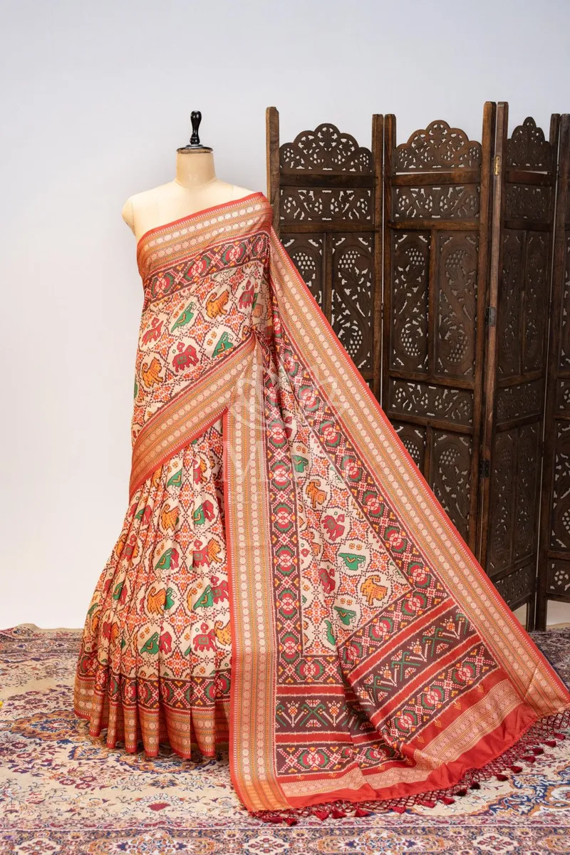 White Patola Silk Saree, Zari Weave Border — Patola
