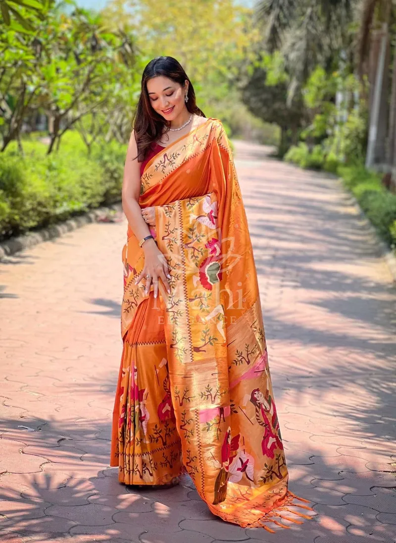 Riya Orange Paithani Silk Saree, Zari Weave — Paithani