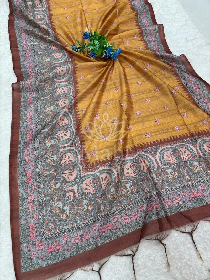 Mustard Yellow Tussar Silk Saree, Kalamkari Print — Tussar