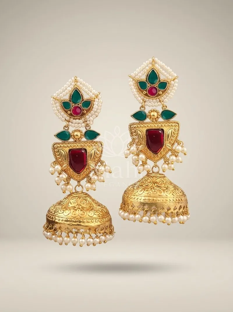 Shield Stone Pearl Jhumkas — Brass Earring