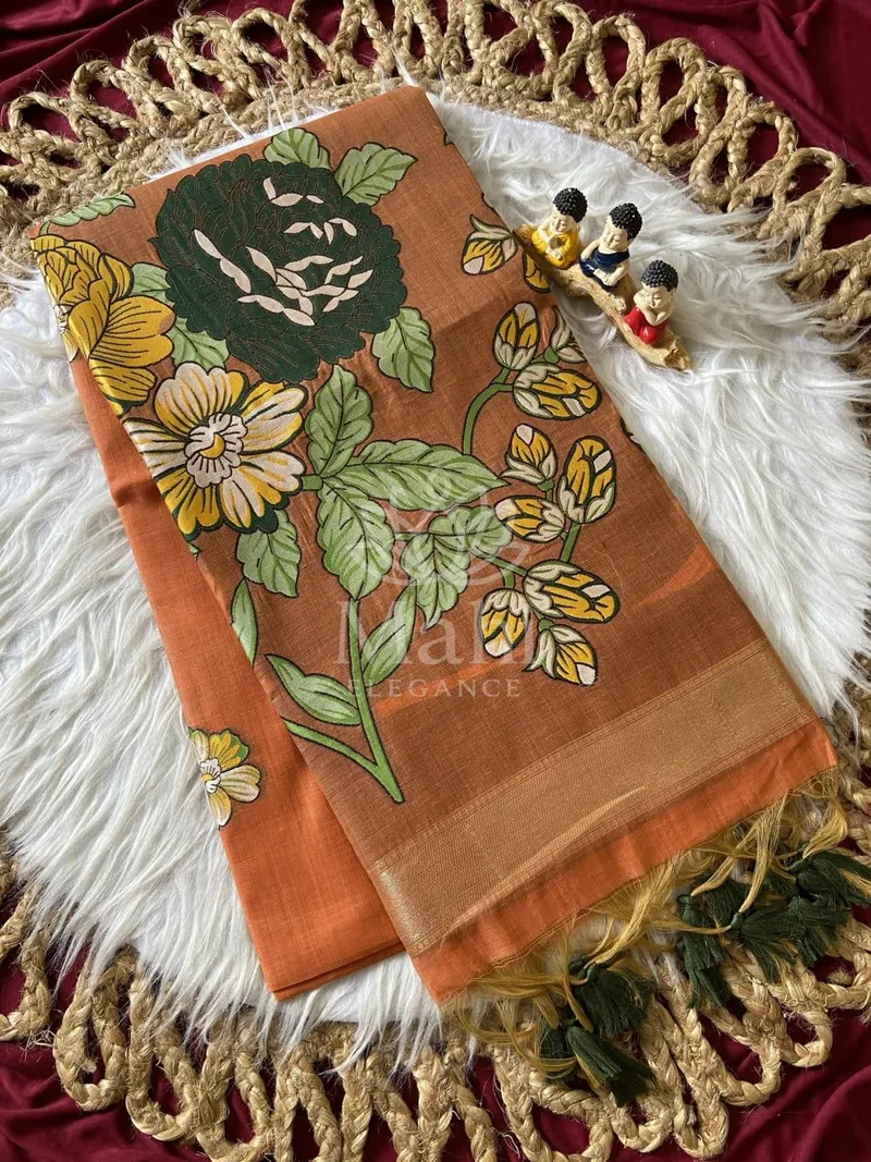 Orange Muga Cotton Saree, Resham Floral Weave with Tassel — Cotton