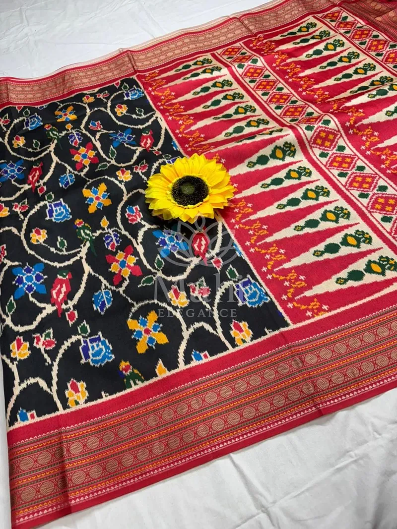 Black Patola Silk Saree, Ikkat Print — Patola