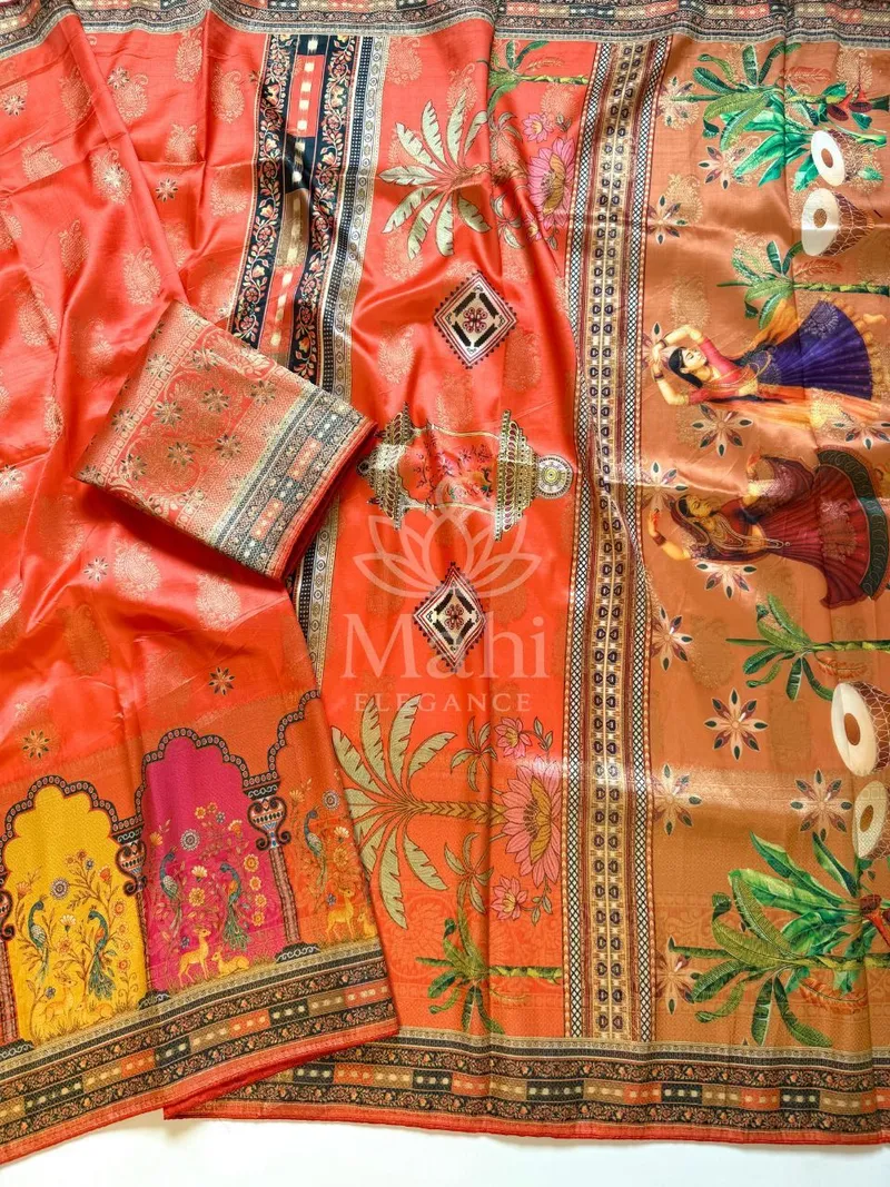 Orange Dola Silk Saree, Pashmina Digital Print — Dola