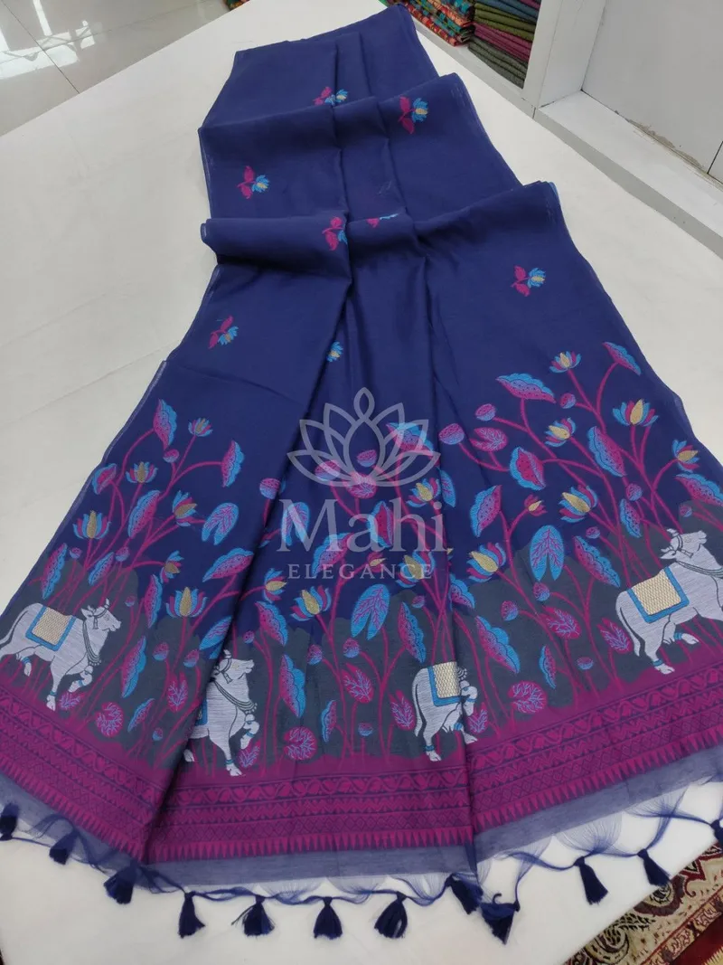 Navy Blue Muga Cotton Saree, Pichwai & Floral Weave — Muga-Cotton
