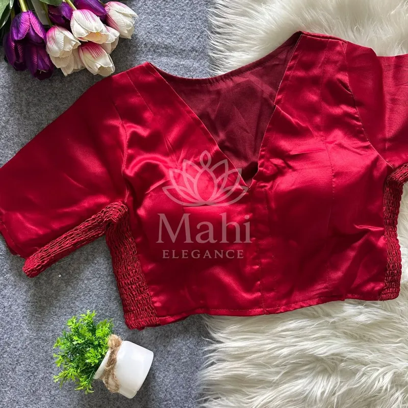 Maroon color soft satin silk blouse with elastic attach for fitting — Blouse