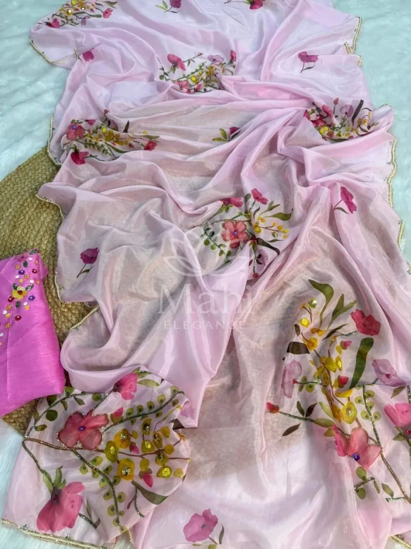 Baby Pink Organza Saree, Beads and Katdana Handwork — Organza