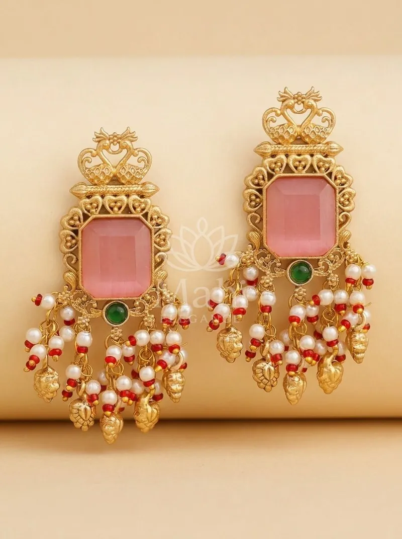 Emerald Accent Pearl Tassel Danglers — Brass Earring