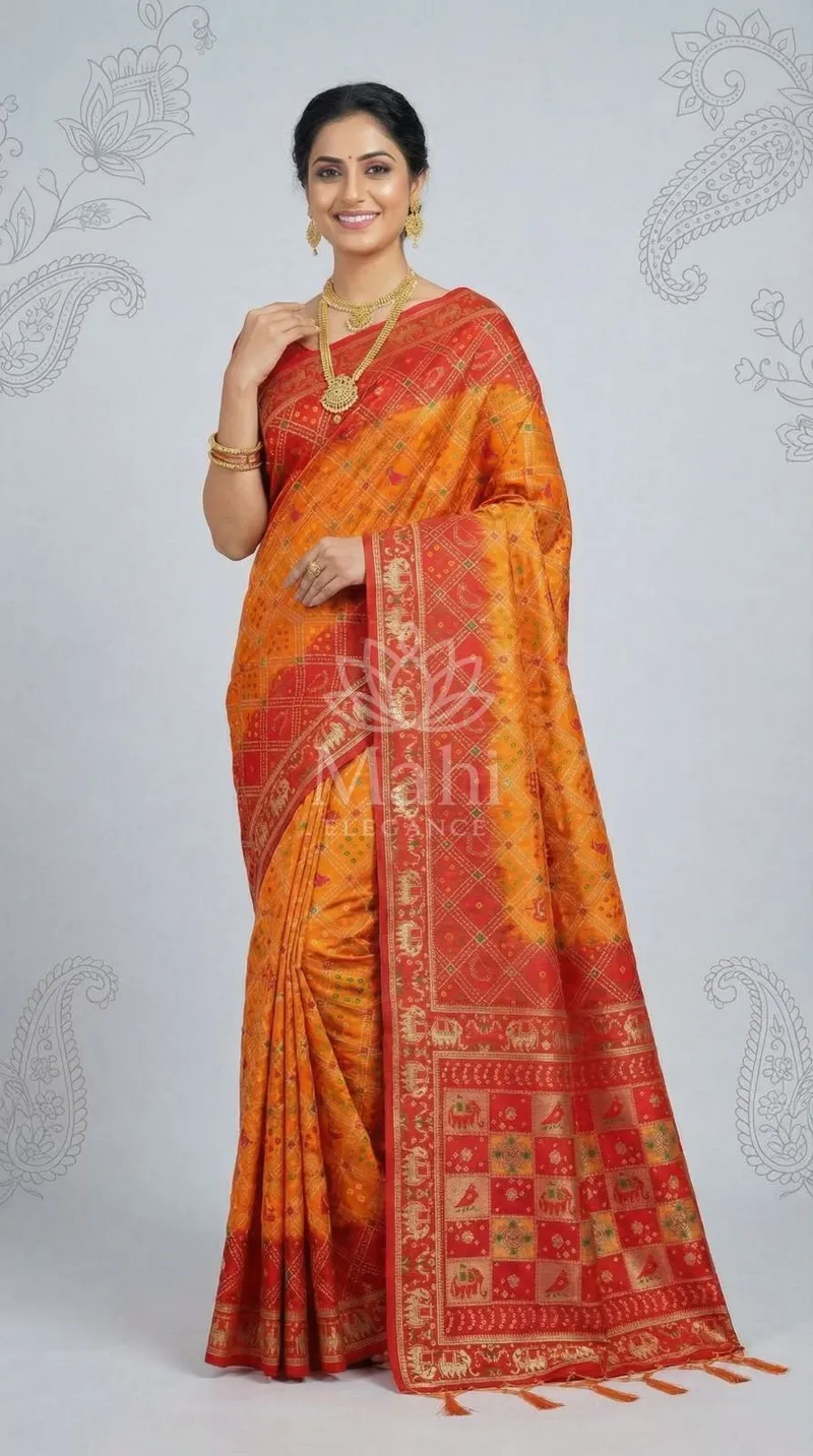 Red and Orange Patola Silk Saree, Golden Zari Weave — Patola