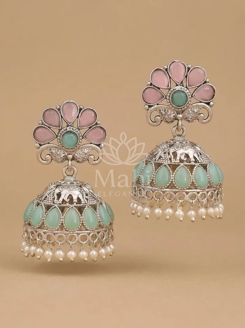Elephant Motif Floral Jhumkas — Alloy Earring