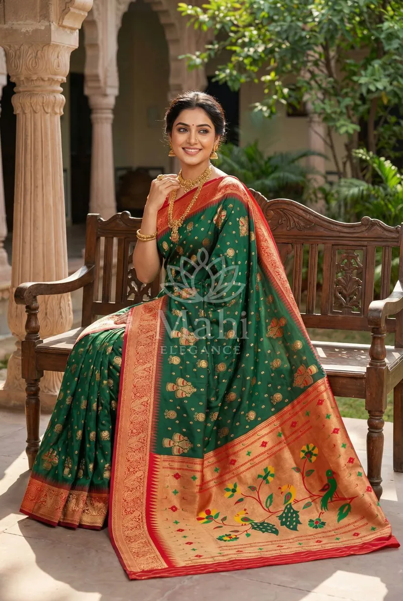 Dark Green Paithani Silk Saree, Woven Pallu & Zari Border — Paithani
