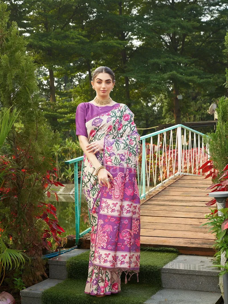 Mahi Magenta Tussar Silk Saree, Kalamkari Print — Tussar