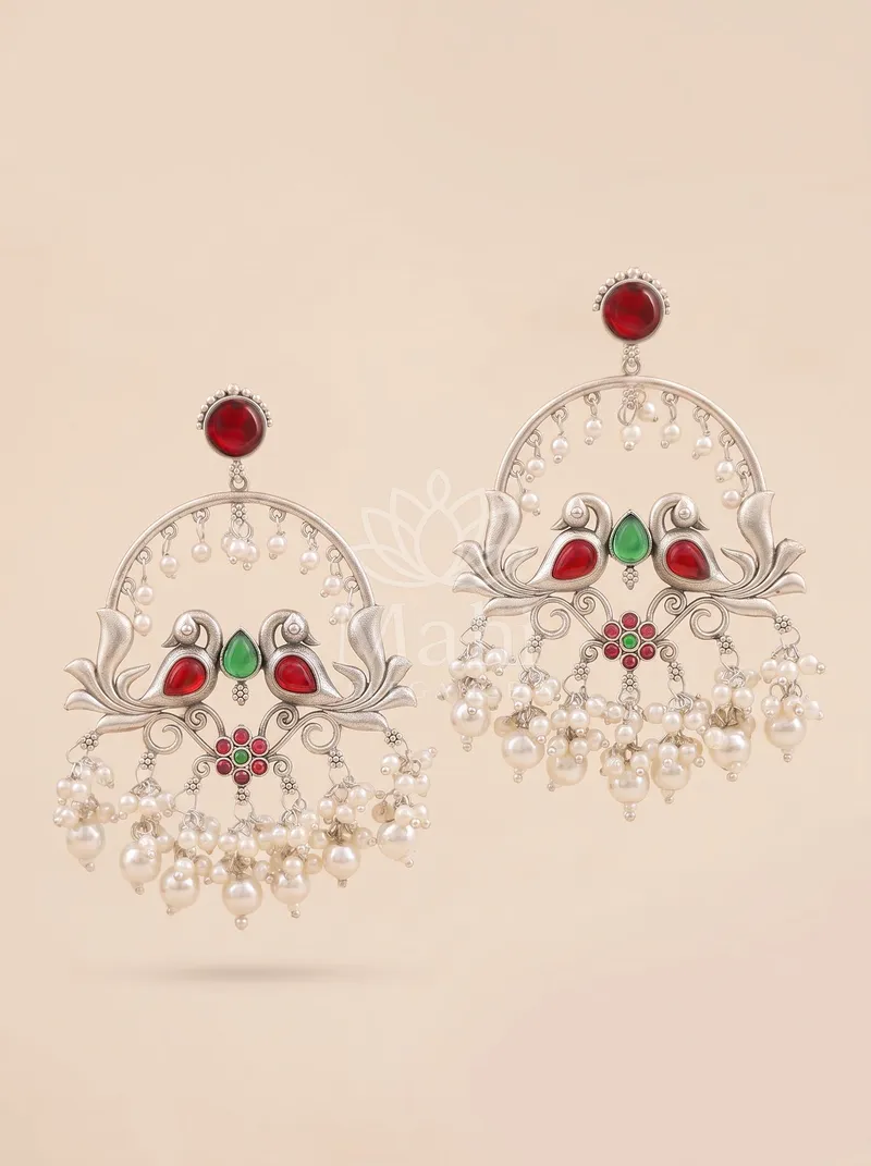 Twin Peacock Pearl Danglers — Brass Earring