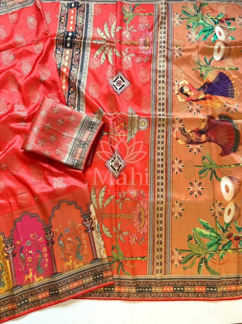 Mahi Red Dola Silk Saree, Pashmina Digital Print — Dola