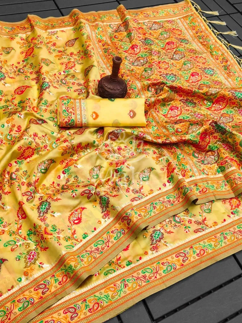 Light Yellow Pashmina Silk Saree, Zari Weave — Pashmina