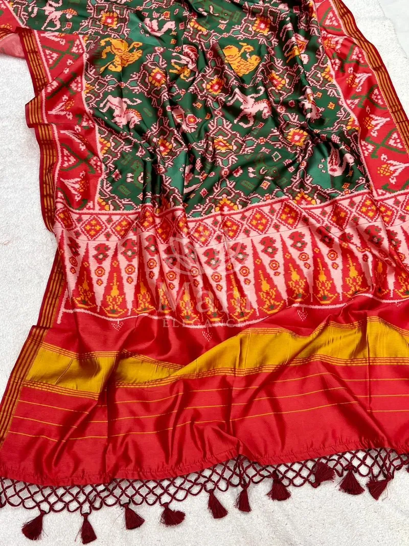 Green Patola Silk Saree, Zari Weave with Lagdi Patta & Tassels — Patola